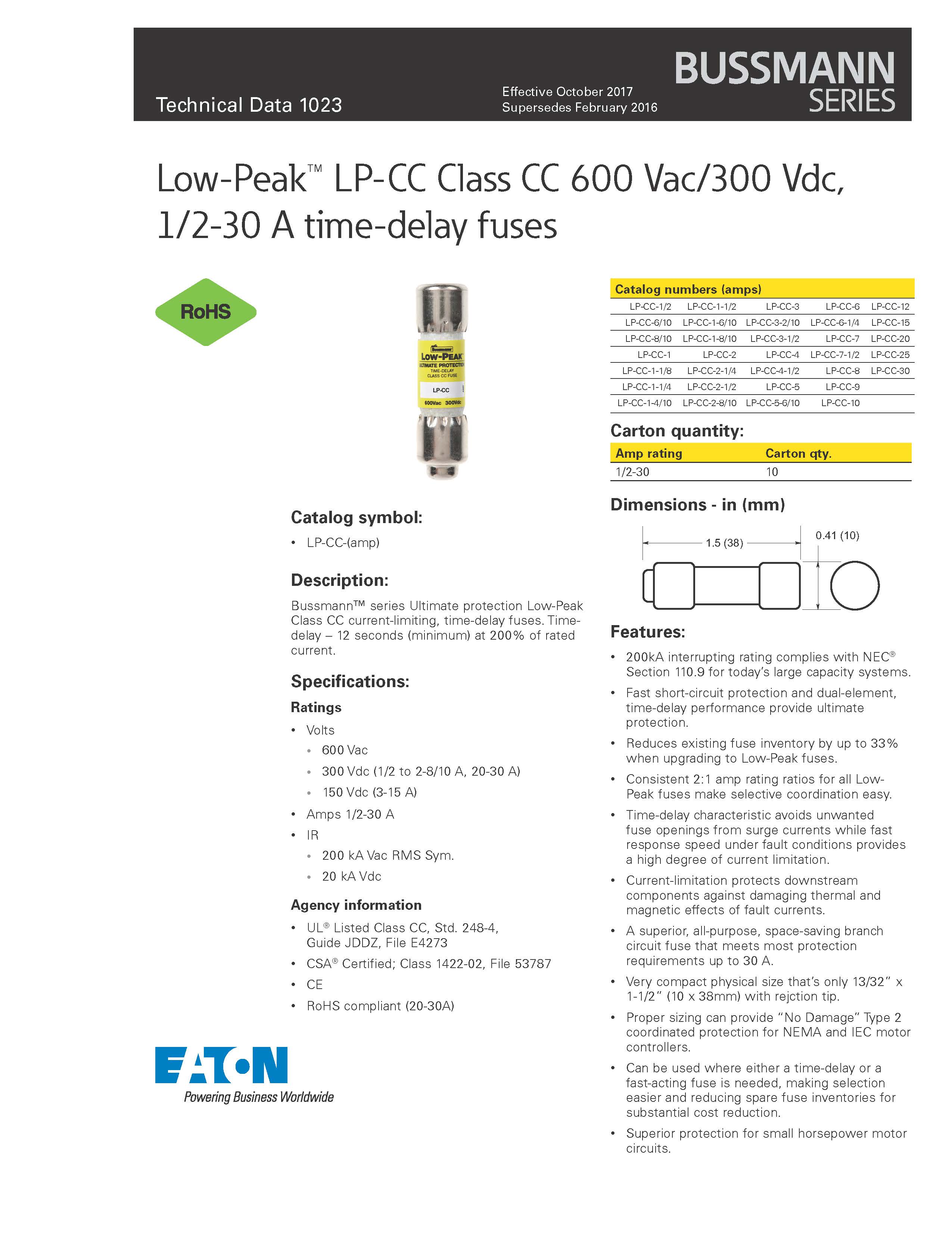 LP-CC系列10*38延时熔断器参数 LP-CC系列10*38延时熔断器参数